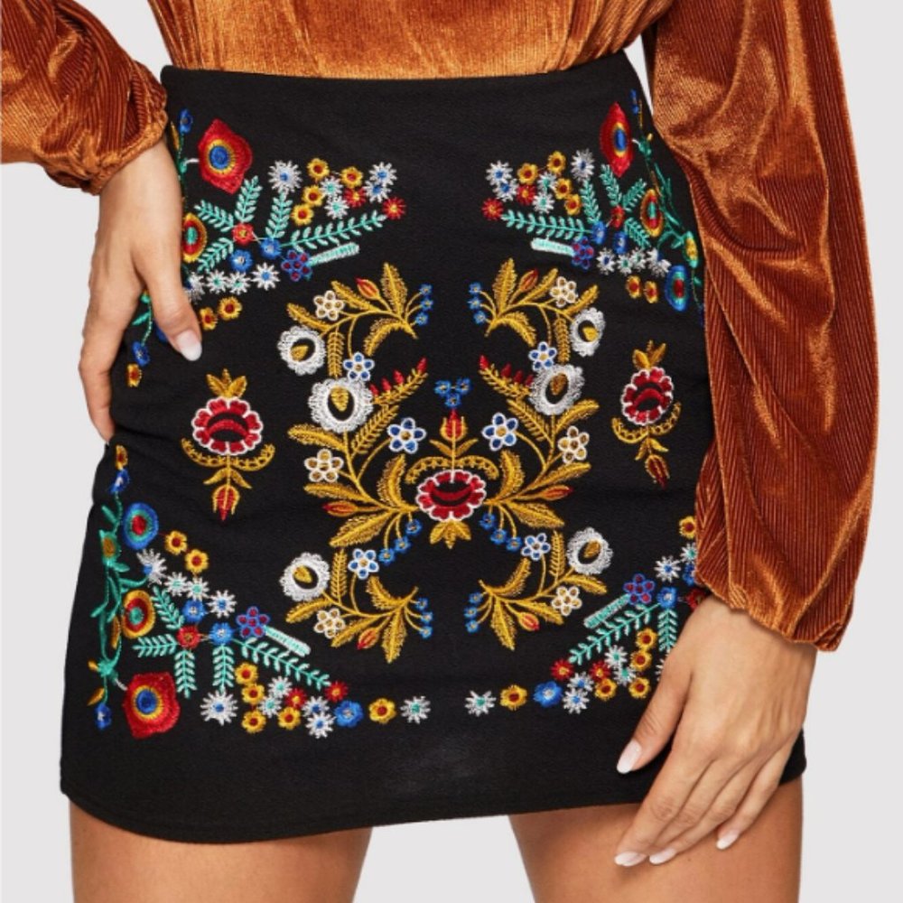 Simplee Botanical Embroidered High-Rise Corduroy Mini Skirt in Dark Teal